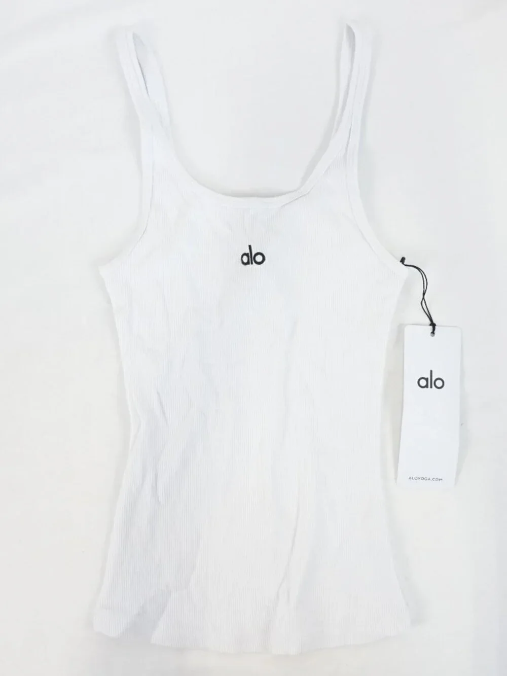ALO Yoga White Ribbed Tank Top with Black Logo